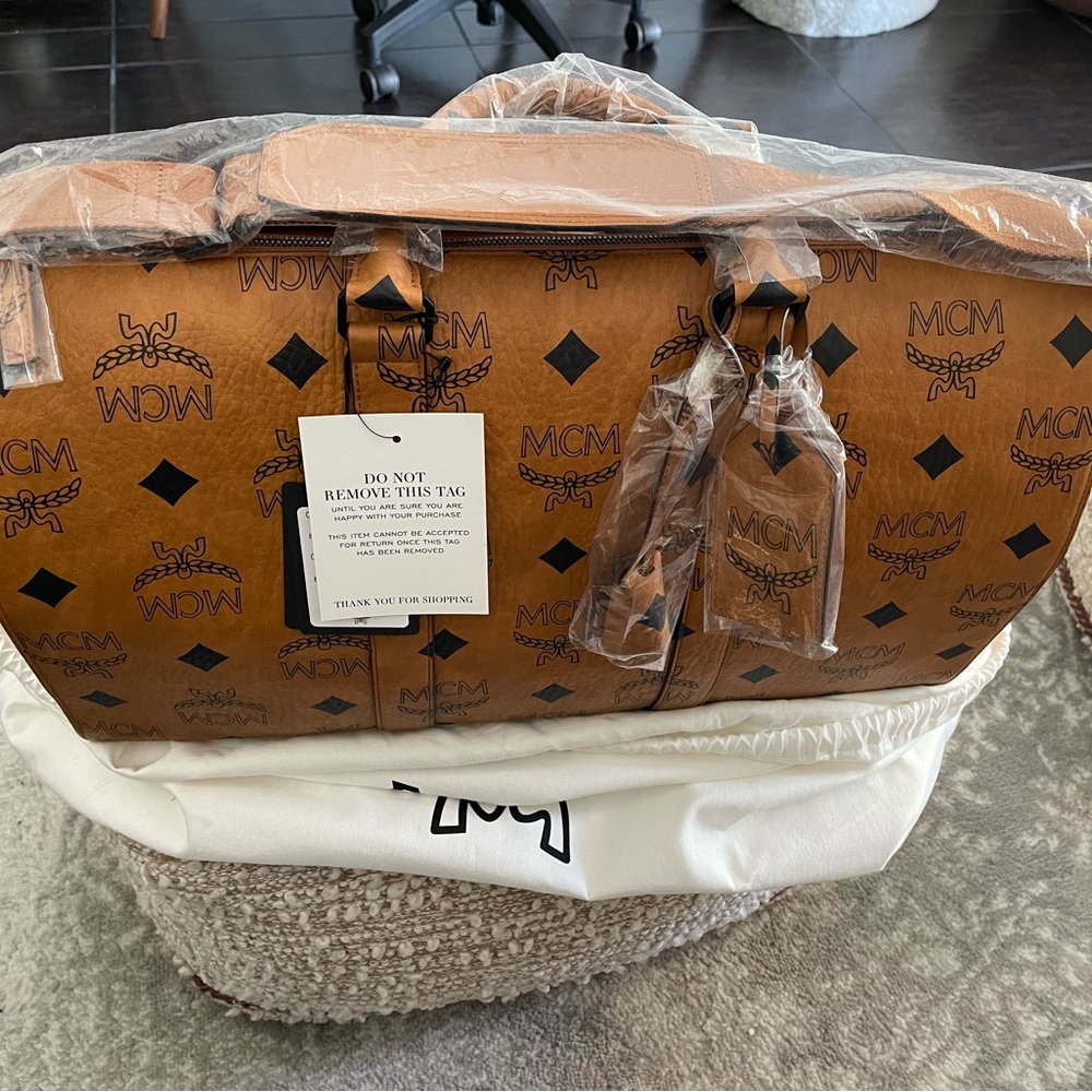 MCM Tan and Black Logo Duffel Bag